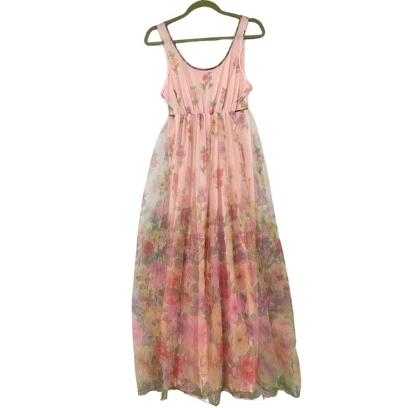 Vintage house dress floral flowers garden party lined netted maxi dress. Large - Picture 12 of 14